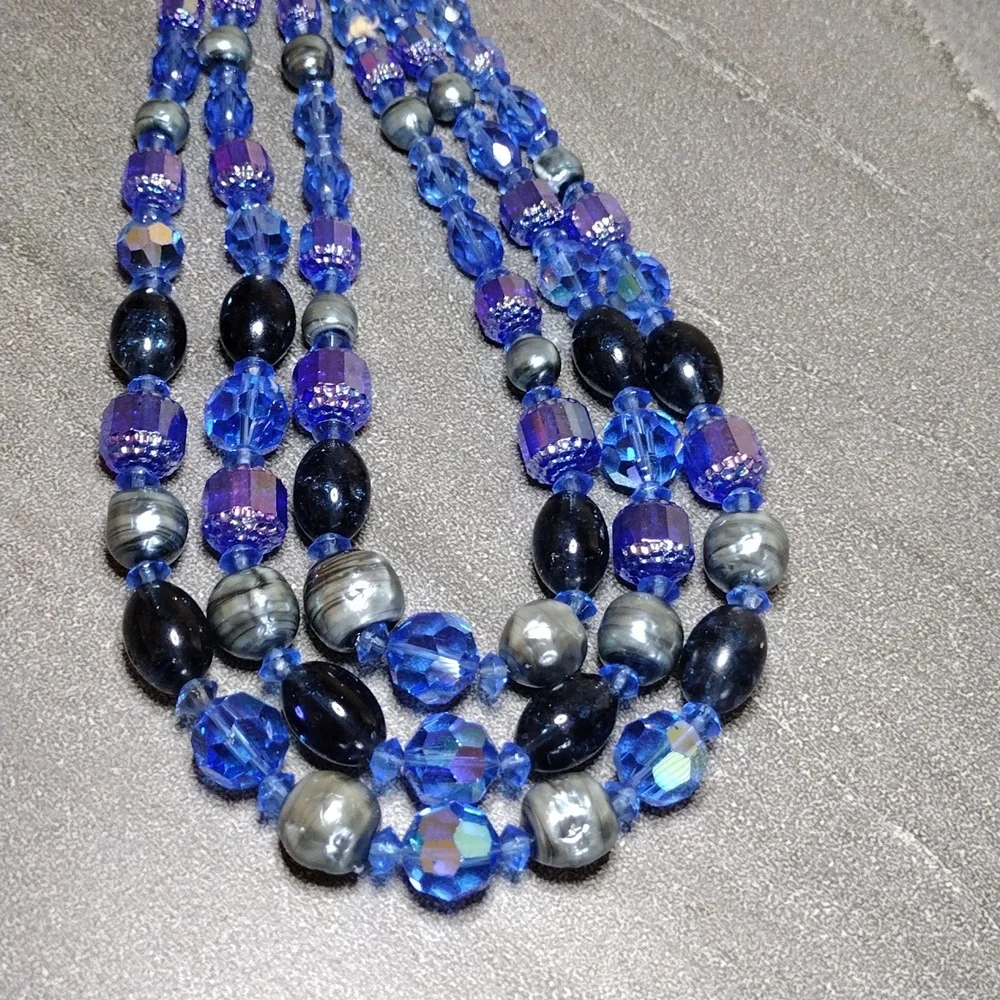 Glass Triple Strand Deep Blue Necklace 12-13" with 3" Extender Hook Clasp - Picture 5 of 7